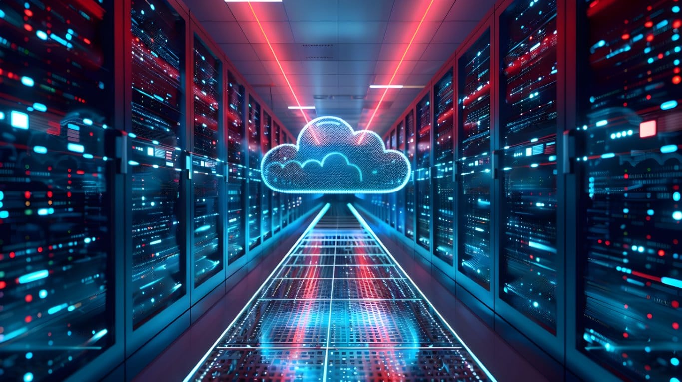 This image depicts a futuristic cloud computing infrastructure with modern data centers and virtual servers